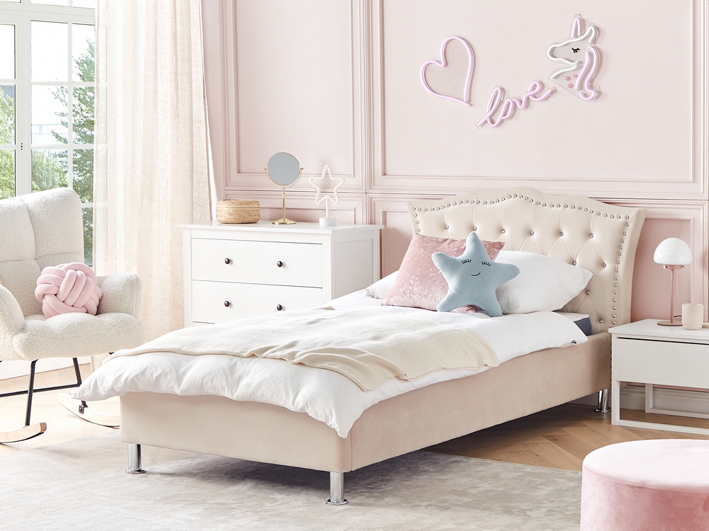 Velvet EU Single Size Bed with Storage Beige METZ Beliani