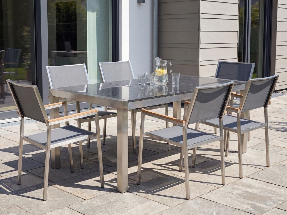 Garden Dining Set 6 Seater GROSSETO Triple Plate Granite Polished Grey