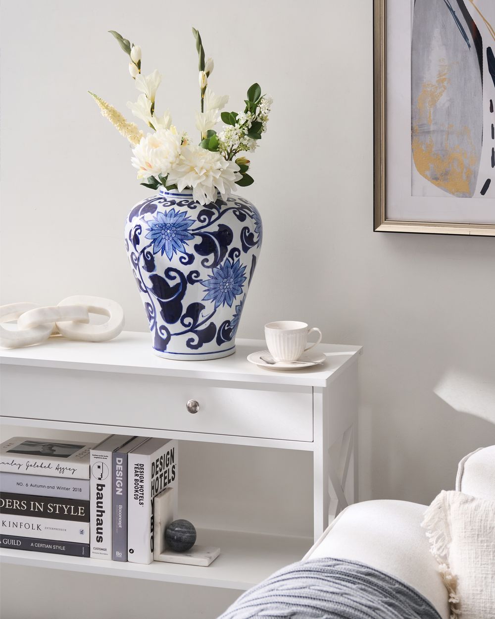 Wazon na kwiaty GIRONA 35 cm Porcelana Biały/ niebieski
