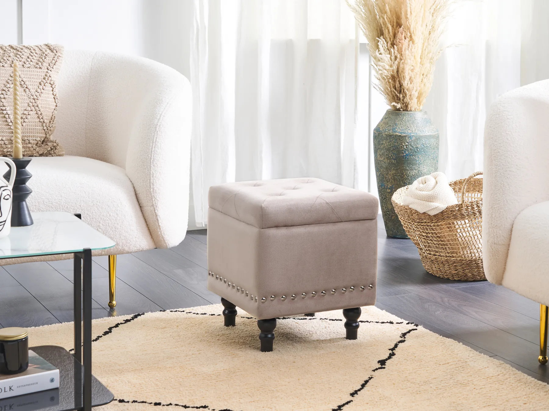 Puf ze schowkiem welurowy 37 x 37 x 40 cm beżowy LORETTO_844082