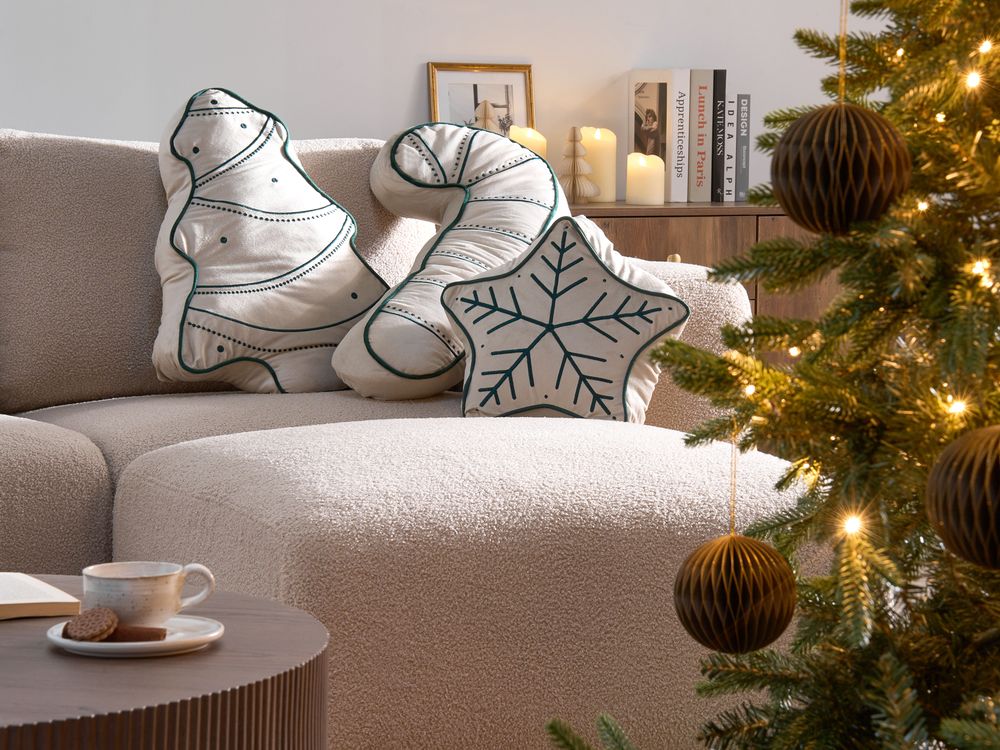 Conjunto de 3 cojines decorativos JOLLYTRIO 35 x 70 cm 40 x 60 cm 40 x 40 cm Terciopelo Beige claro Motivo navideño