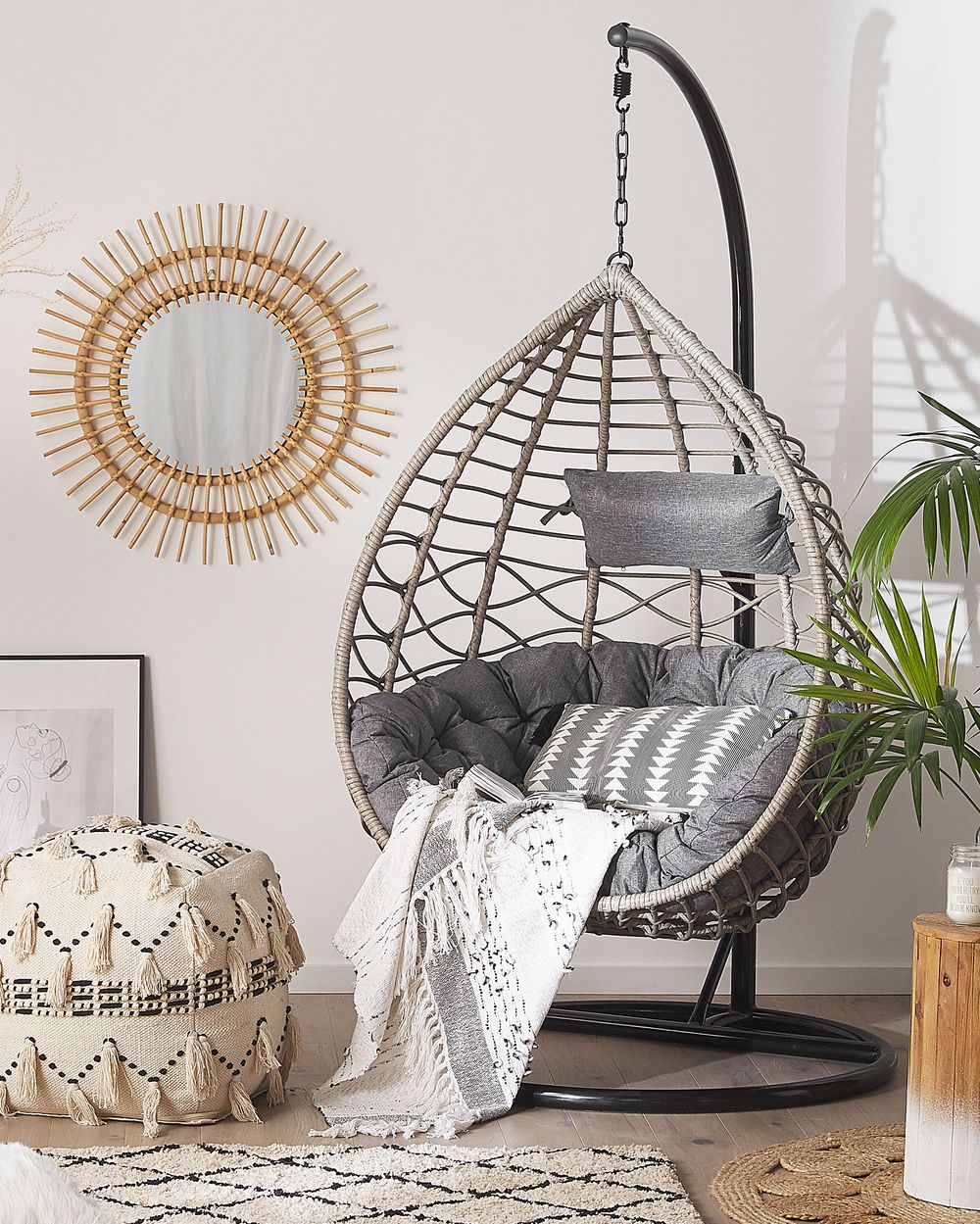 Hängesessel mit Gestell ARSITA Polyrattan Grau