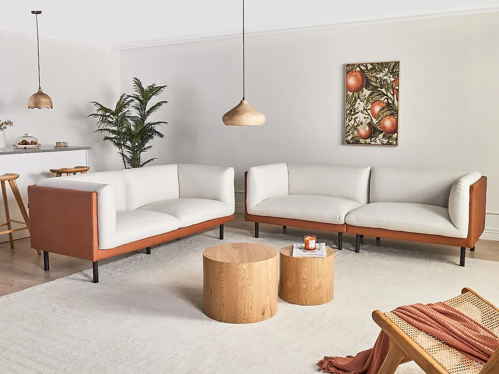 Conjunto de sala de estar 5 plazas VORGOD Tela Blanco crema_1186006