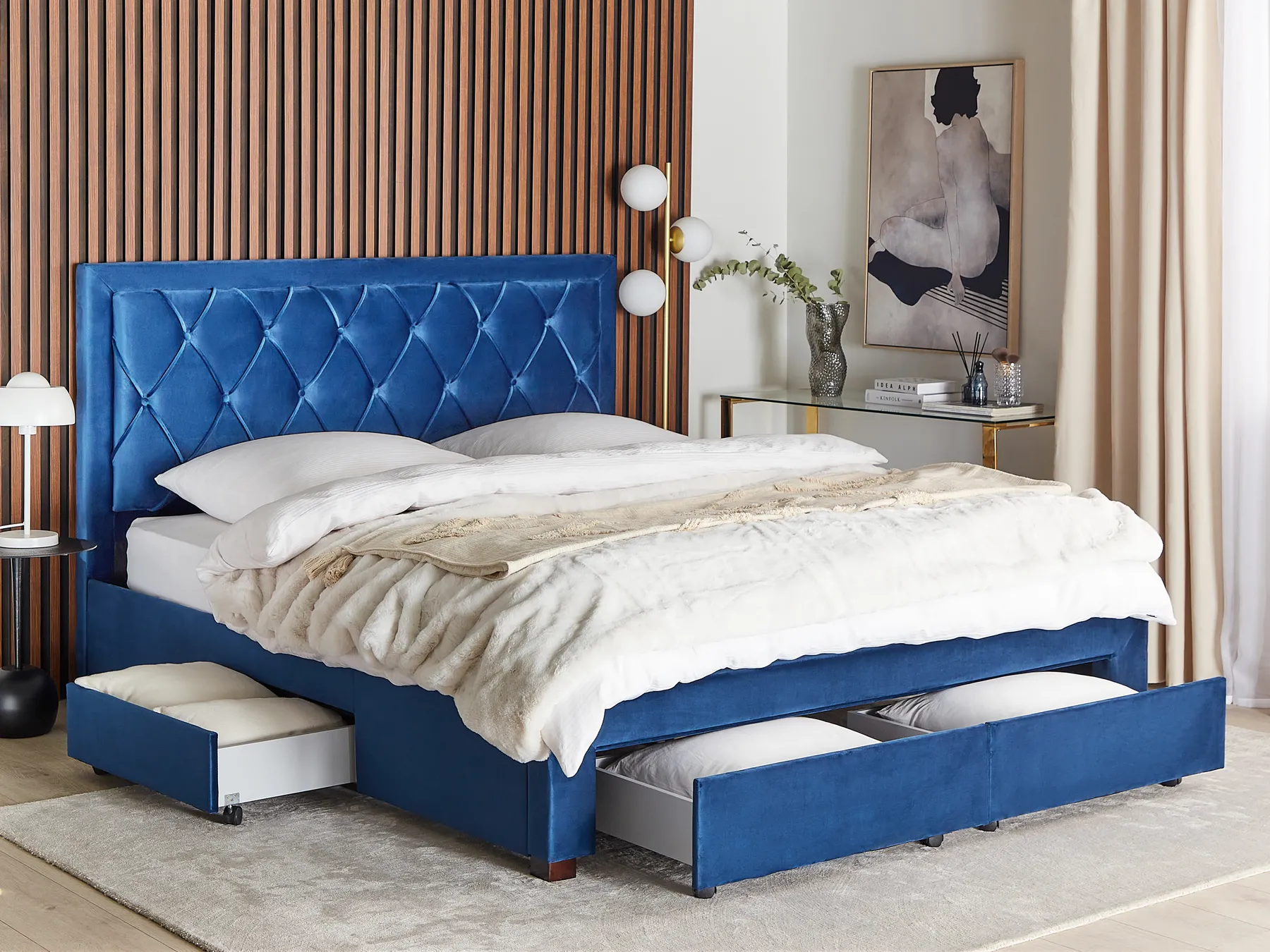 Bed with Storage Drawers LIEVIN Velvet Navy Blue 180 x 200 cm (EU Super King)_858005