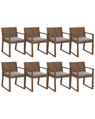 Set of 8 Dark Acacia Wood Garden Dining Chairs with Grey Cushions SASSARI