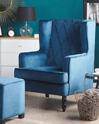 Velvet Armchair with Footstool Blue SANDSET