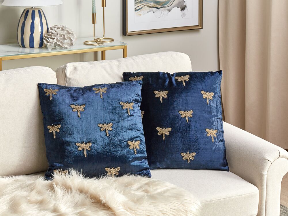 Set of 2 Embroidered Velvet Cushions Dragonfly Motif 45 x 45 cm Navy Blue BLUESTEM Beliani