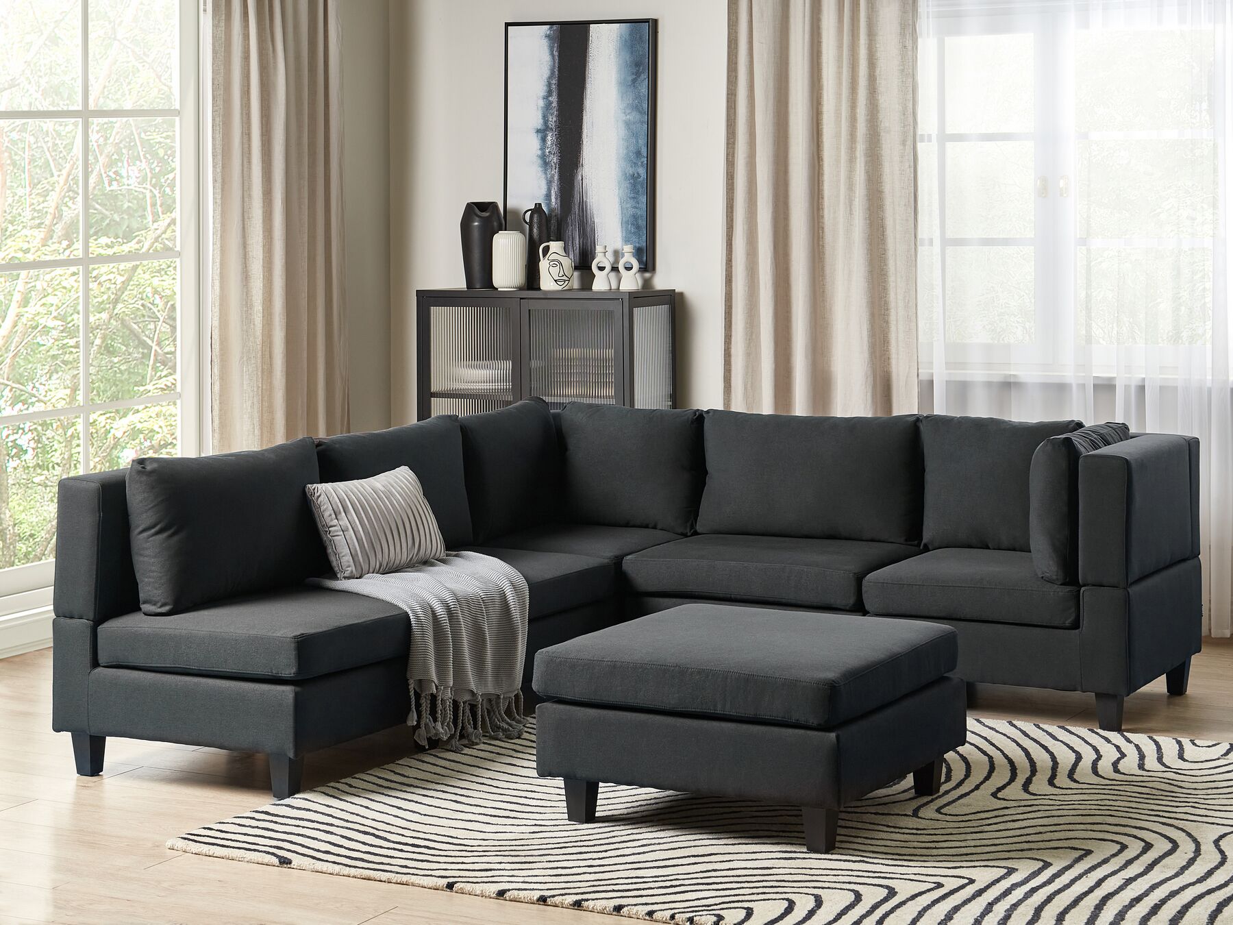 5-seters venstrevendt modulær sofa med puff stoff Svart UNSTAD_924826