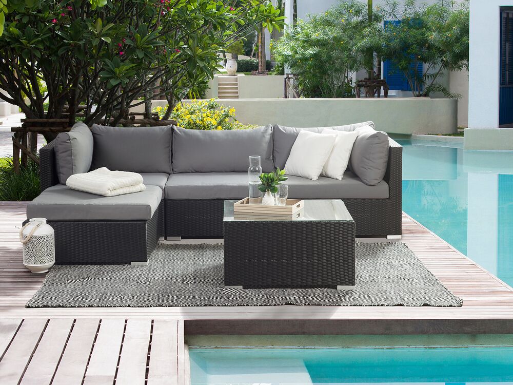 Left Hand 4 Seater PE Rattan Garden Modular Corner Sofa Set Black SANO II Beliani