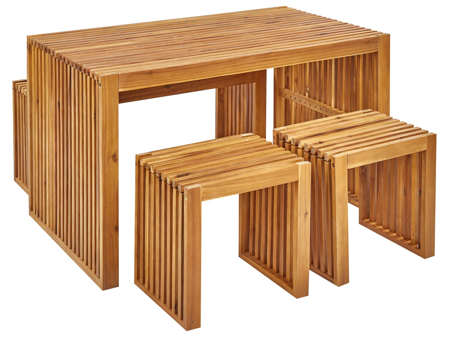 Conjunto de mesa con banco y 2 taburetes de jardín de madera de acacia BELLANO_922091