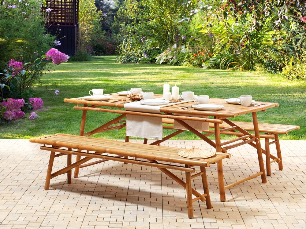 Set of 2 Bamboo Outdoor Benches Light Wood TINDARI Beliani.cz
