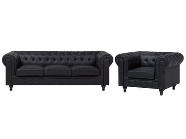 Set divano e poltrona 4 posti in pelle nera CHESTERFIELD