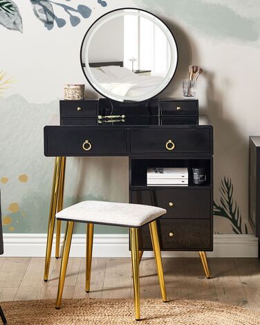 6 Drawers Dressing Table with LED Mirror and Stool Black and Gold YVES