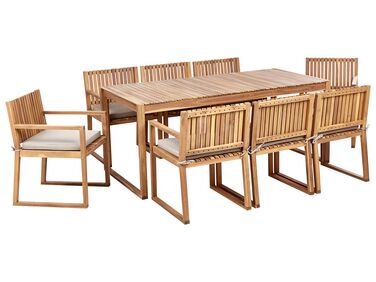 Zestaw ogrodowy z certyfikowanego drewna stół i 8 krzeseł z poduszkami beżowoszarymi SASSARI II
