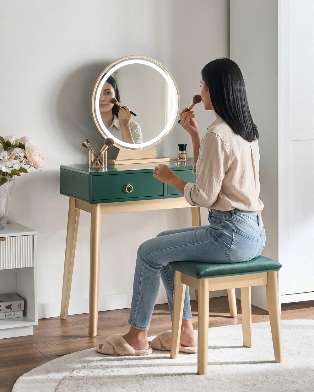 Dressing Table with Mirror and Stool FEDRY LED Emerald Green - Beliani.co.uk Dressing Table with Mirror and Stool FEDRY LED Emerald Green - Beliani.co.uk