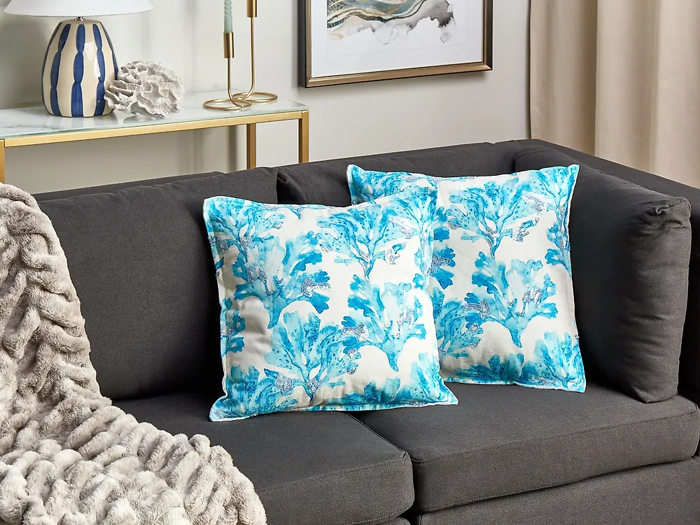 Conjunto de 2 cojines decorativos ROCKWEED 45 x 45 cm Algodón Azul Patrón floral_1187053