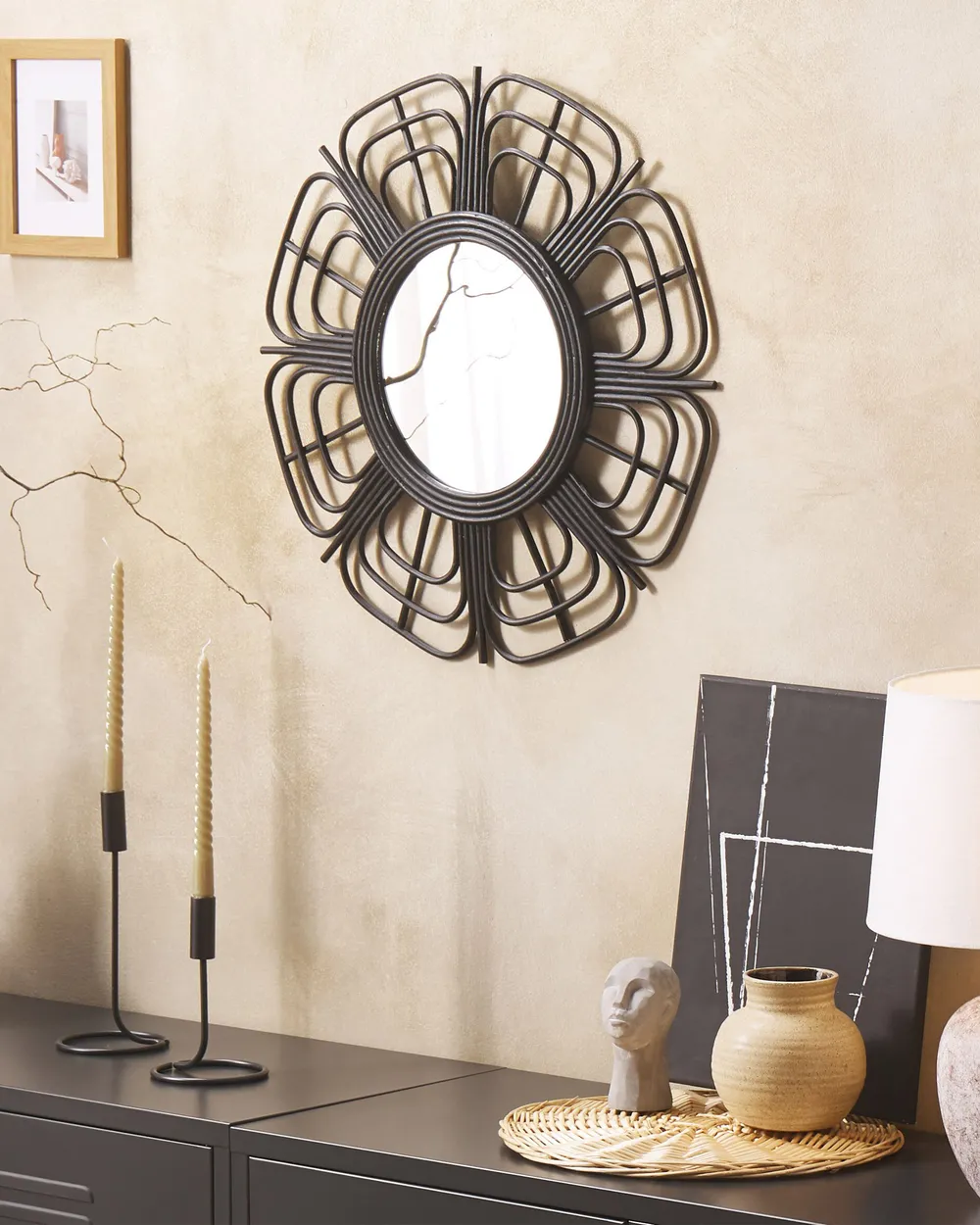 Lustro ścienne PASAKU 60 cm 60 cm Rattan Czarny