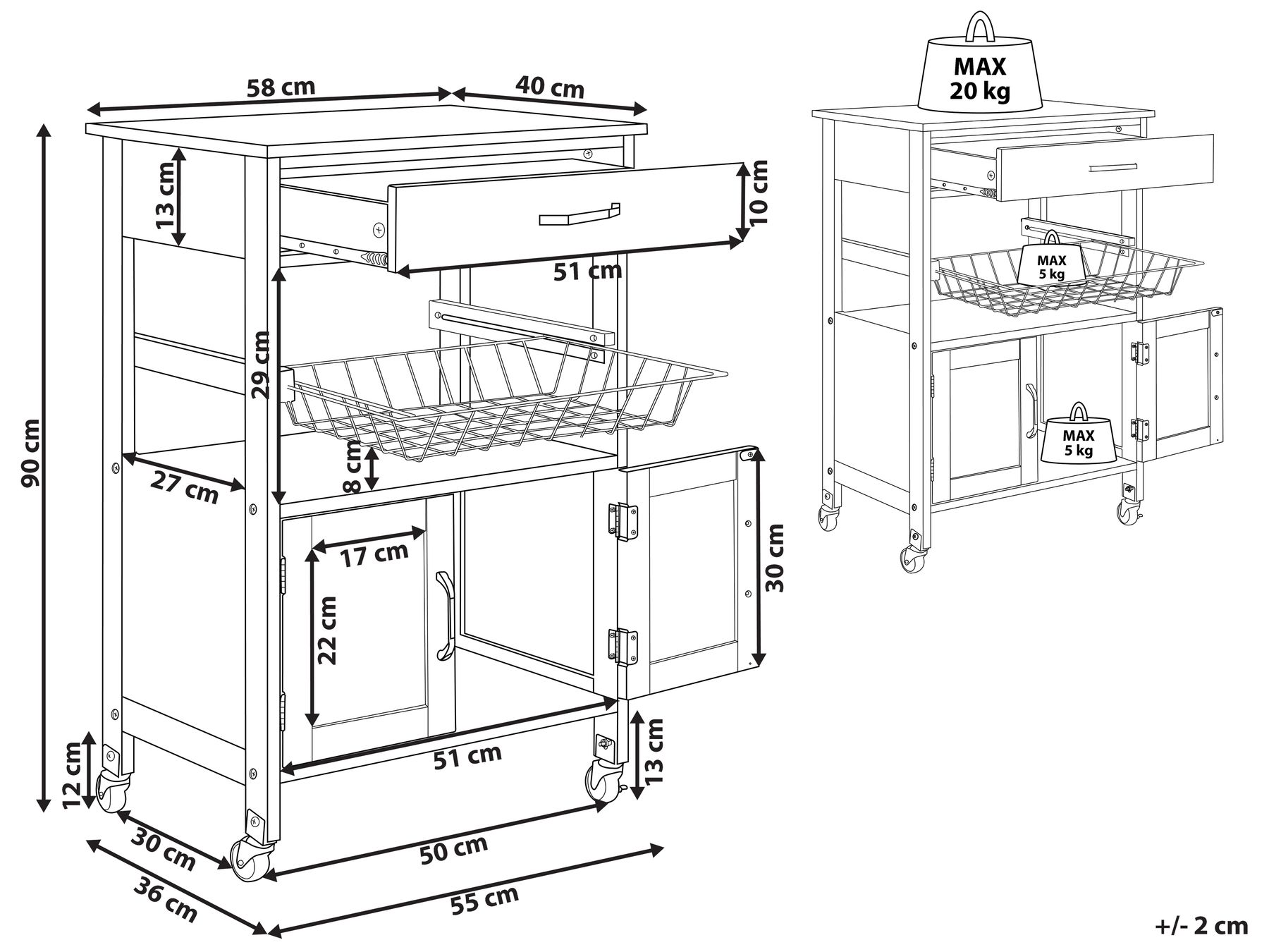 Kitchen Storage Trolley Light Wood with Black LUGO_830306 Kitchen Storage Trolley Light Wood with Black LUGO_830306