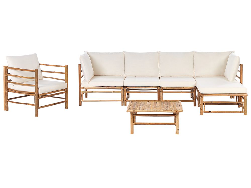 Ensemble de salon de jardin avec table 6 places CERRETO Bambou Blanc cassé Côté gauche