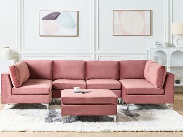 6 Seater U-Shaped Modular Velvet Sofa with Ottoman Pink EVJA