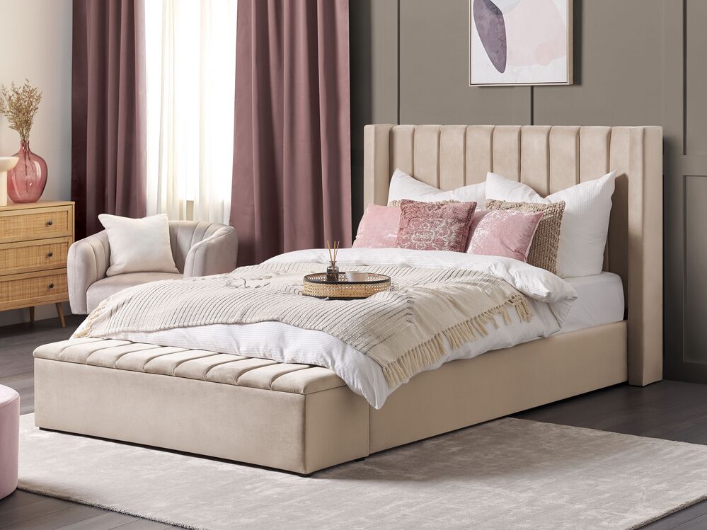 Bed with Storage Bench Velvet NOYERS 160 x 200 cm EU King Size Beige Beliani