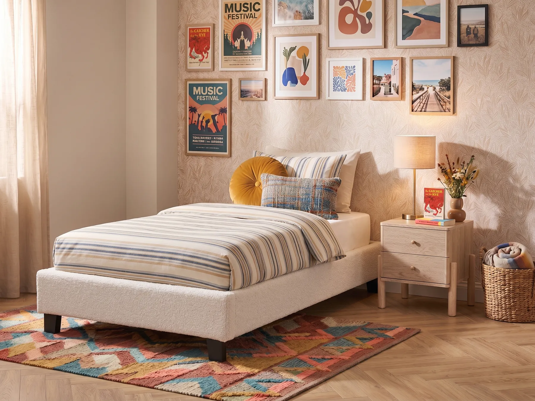 Bed without Headboard Boucle ROANNE 90 x 200 cm (EU Single) Light Beige_1074288