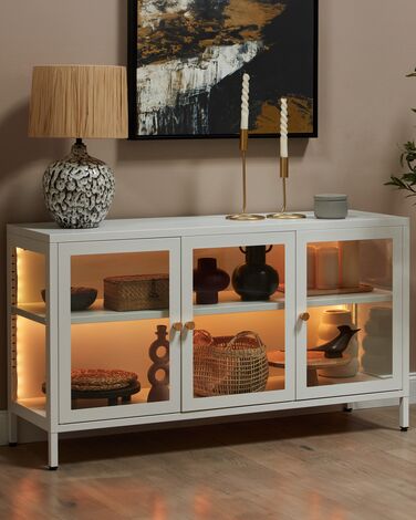 3 Door Metal LED Sideboard with Glass Display White NEWPORT