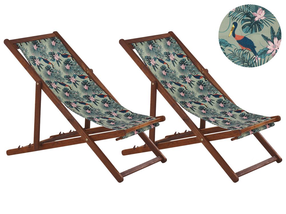 Set of 2 Acacia Folding Deck Chairs and 2 Replacement Fabrics Dark Wood with Off White Pelican Pattern ANZIO Beliani.cz