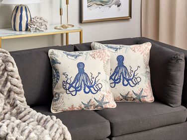 Set of 2 Linen Cushions Octopus Motif 45 x 45 cm Beige ACROPORA