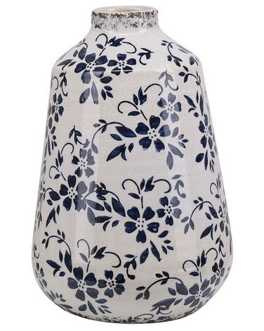 Stoneware Flower Vase 25 cm White with Navy Blue MARONEIA