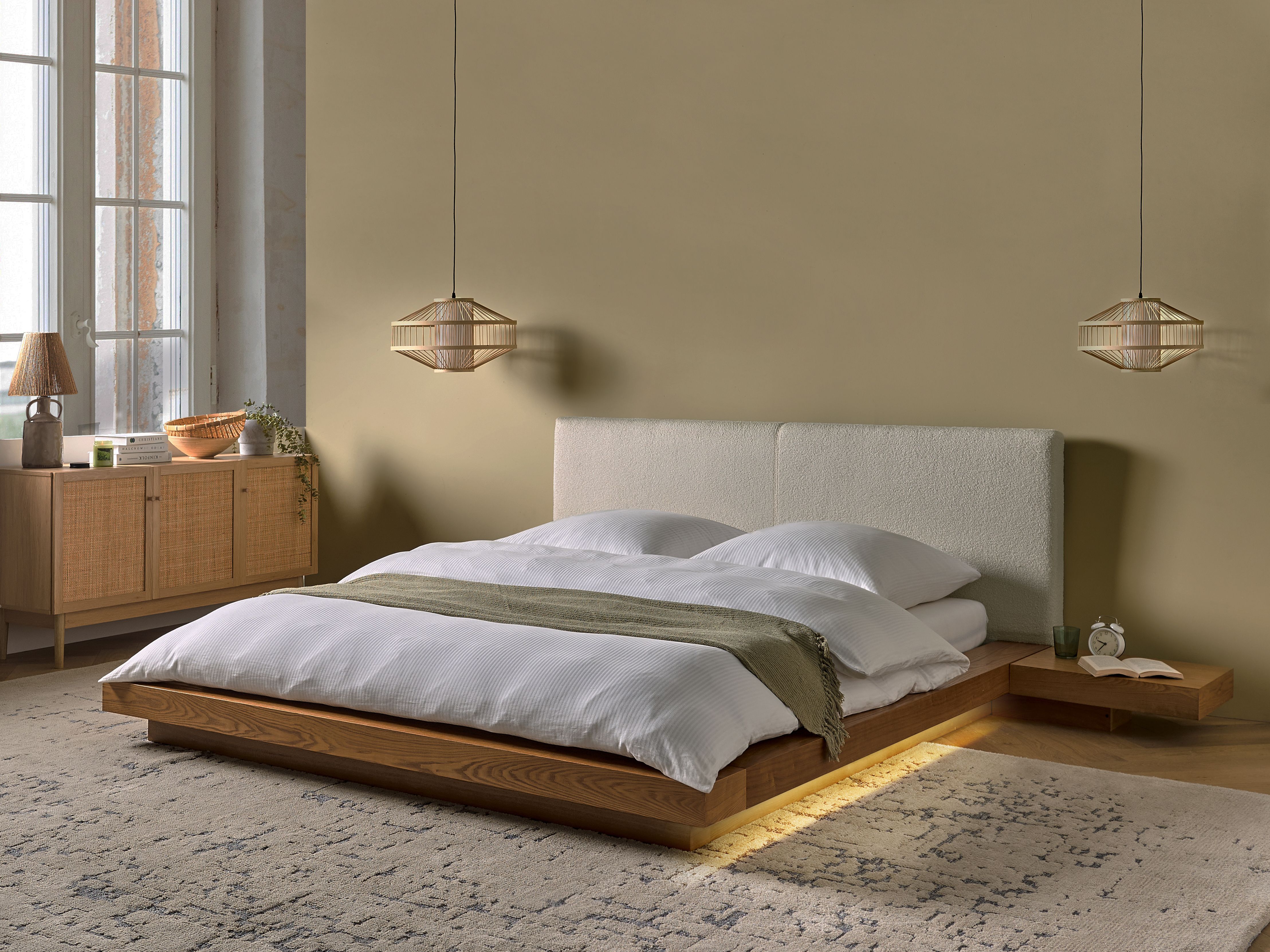 Bett Mit Led Bett mit LED Bouclé ZEN 160 x 200 cm LED Naturfarbene Esche | Beliani.ch