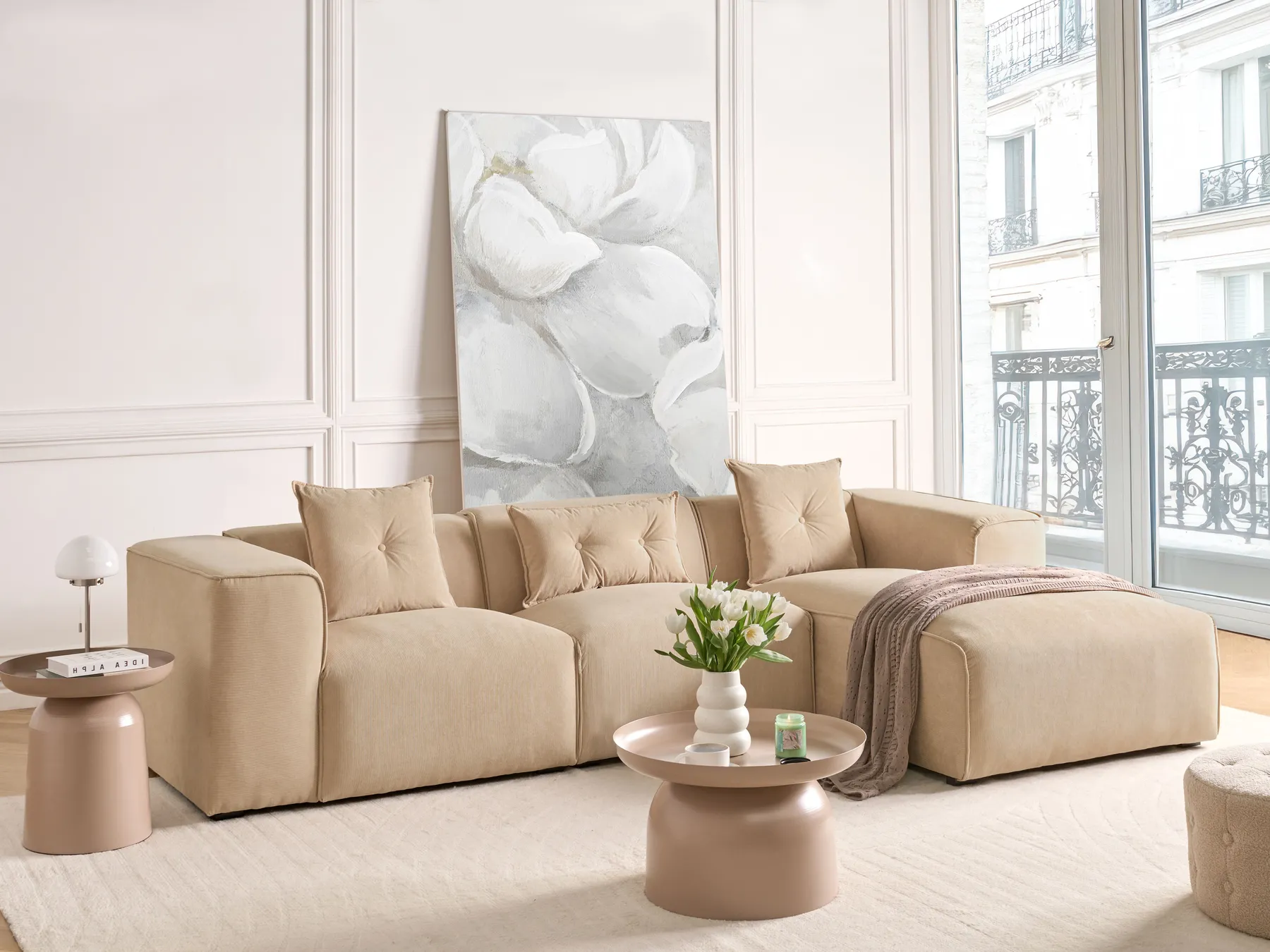Corner Sofa 3 Seater DOLVA Corduroy Beige Left Hand_871852
