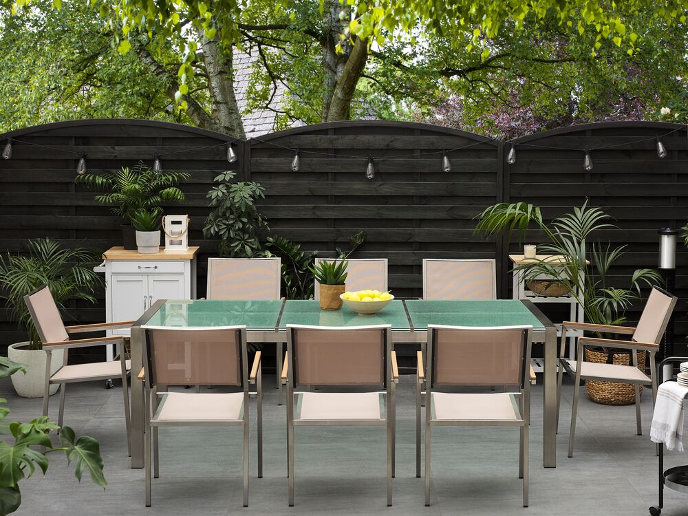 8 Seater Garden Dining Set Cracked Glass Top with Beige Chairs GROSSETO Beliani