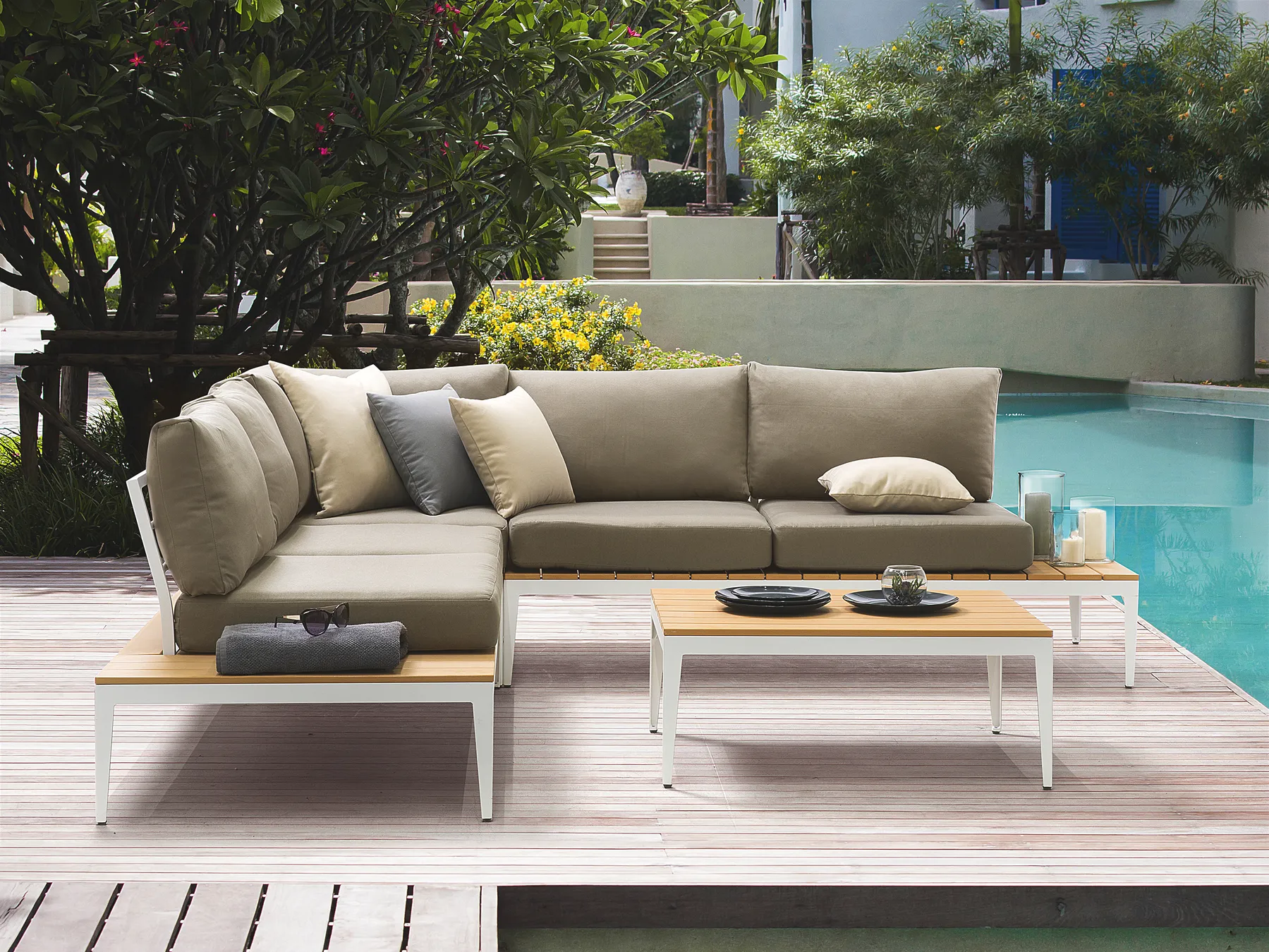 Garden Corner Sofa with Table 5 Seater POSITANO Grey_688264