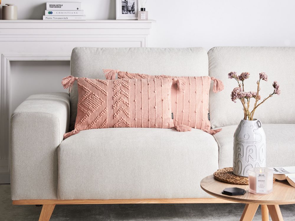 Conjunto de 2 cojines decorativos VALVARIA 30 x 50 cm Algodón Rosa melocotón Patrón chevrón