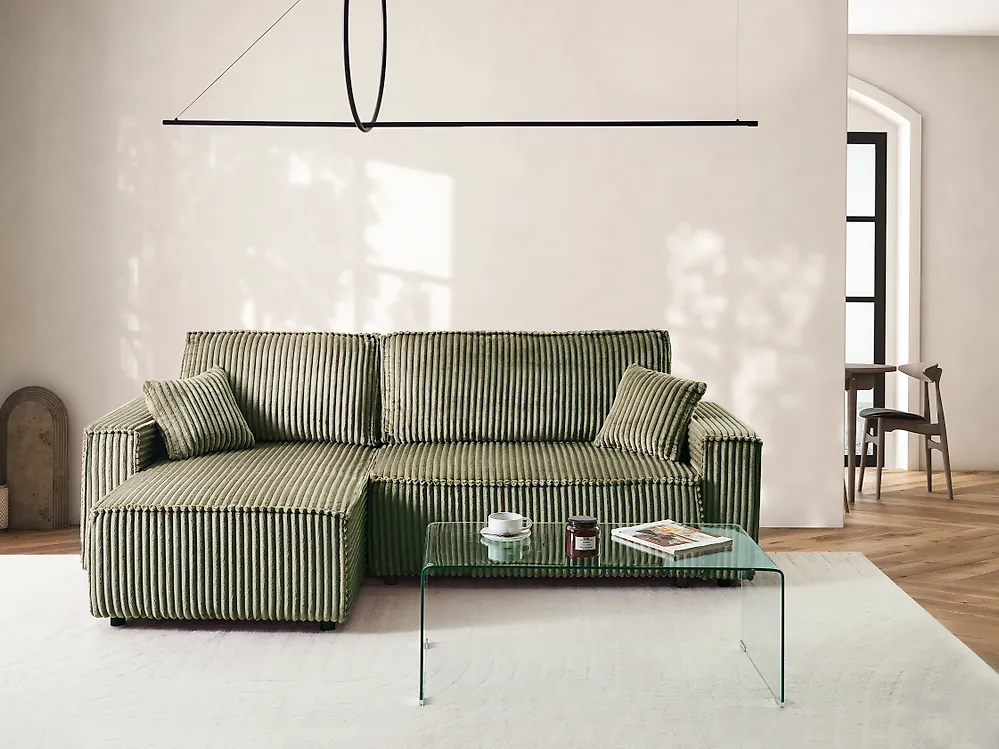 Eckschlafsofa ABACKA mit Stauraum Cord Grün rechtsseitig