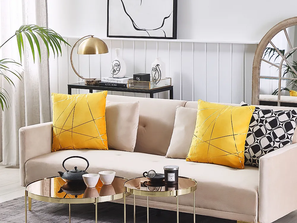 Set of 2 Decorative Cushions PINUS 45 x 45 cm Velvet Yellow Geometric Pattern_1180260