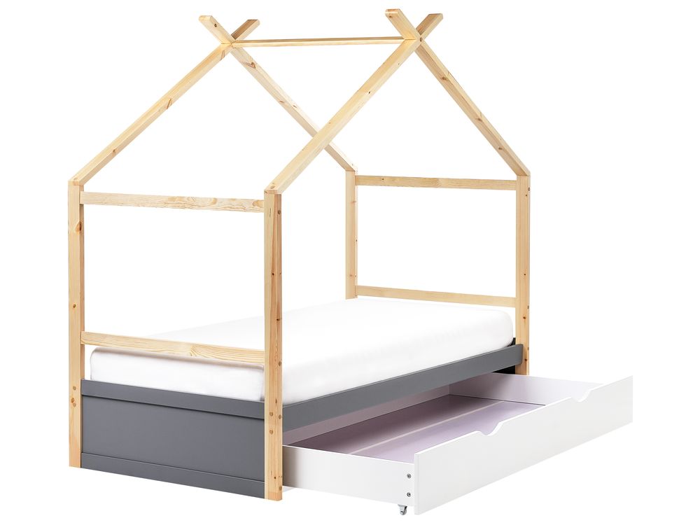 Kinderbett Haus Kiefernholz ORGEVAL 90 x 200 cm mit Stauraum Grau