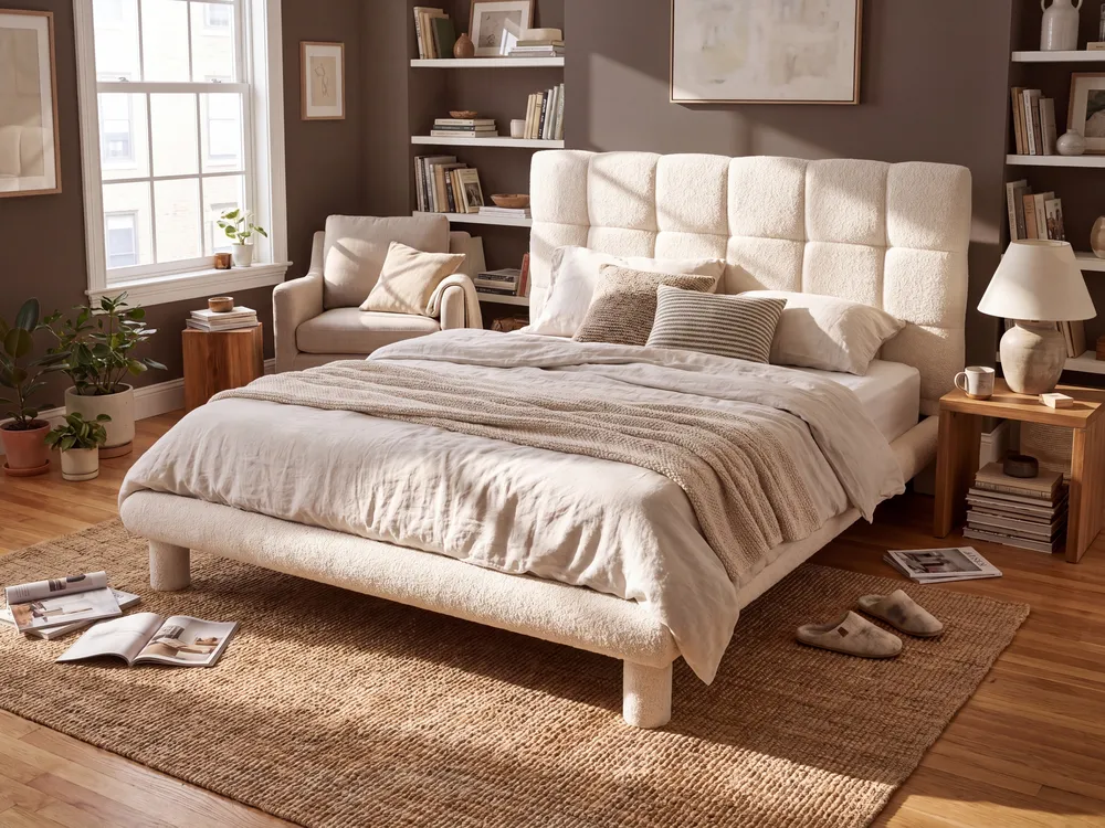 Letto Bouclé CRESSAT 140 x 200 cm Bianco sporco_1150970