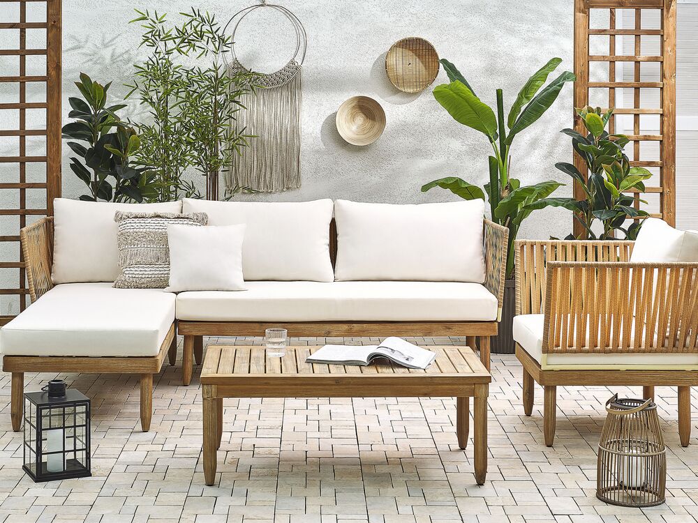 Lounge Set CREMONA Acacia Wood Off White Right Hand 4 Seater Beliani