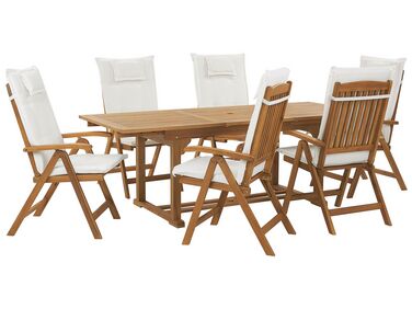 Conjunto de jardín de madera de acacia con 6 sillas y cojines blanco/crema JAVA