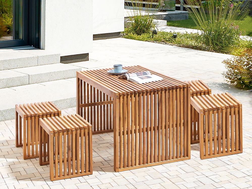 Gartenmöbel Set mit Hockern 4-Sitzer BELLANO Akazienholz Braun