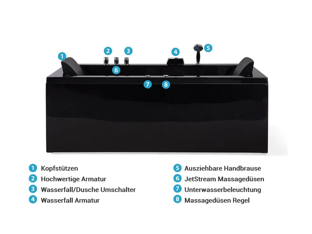 Whirlpool Badewanne Eckmodell mit LED VARADERO 183 x 90 cm Schwarz linksseitig_787095