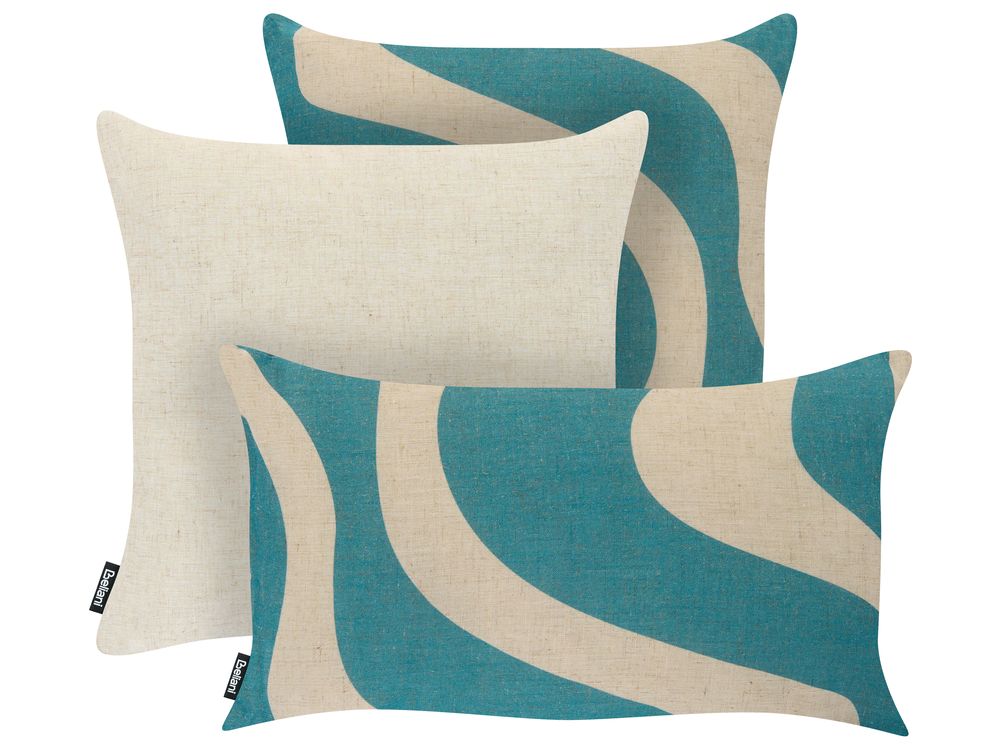 Lot de 3 coussins d'extérieur AURINIA Motif abstrait 30 x 50 cm 45 x 45 cm Beige/bleu