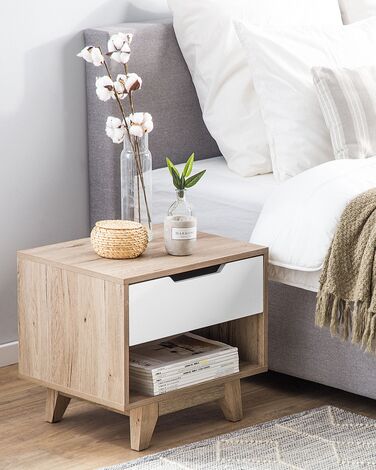 1 Drawer Bedside Table Light Wood with White SPENCER