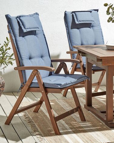 Set of 2 Acacia Wood Garden Folding Chairs Dark Wood with Blue Cushions AMANTEA