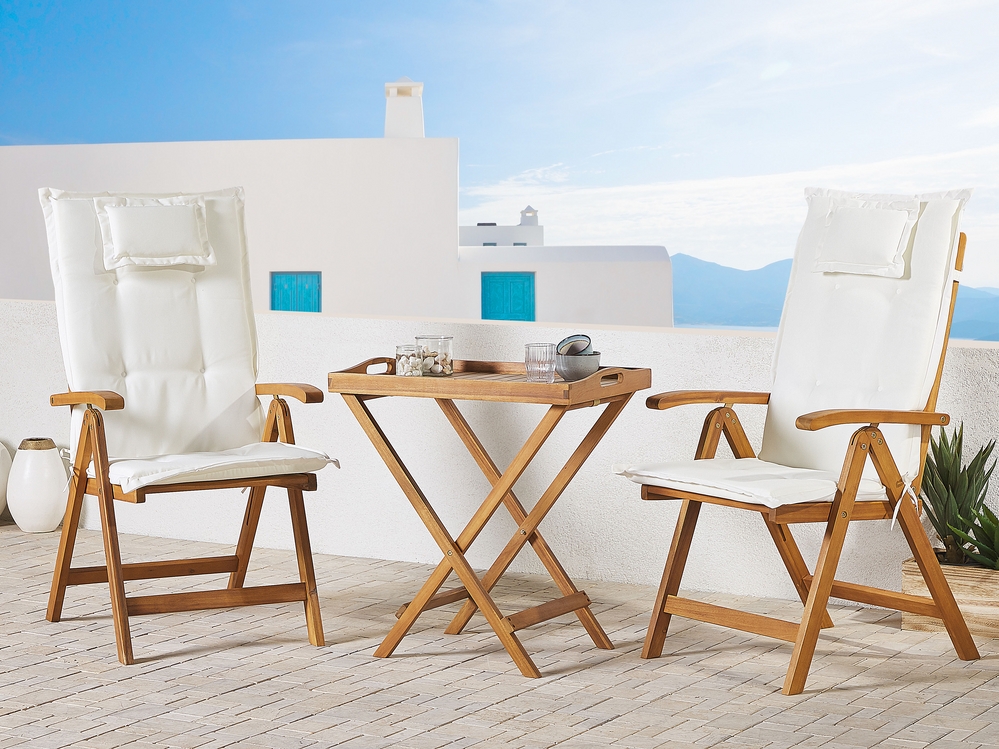 Acacia Wood Bistro Set with Off White Cushions JAVA Beliani