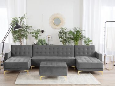 5 Seater U-Shaped Modular Velvet Sofa with Ottoman Grey ABERDEEN