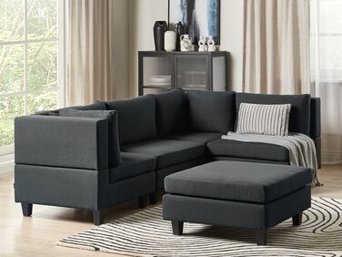 4-seters høyrevendt modulær sofa med puff stoff svart UNSTAD