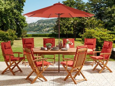 8 Seater Acacia Wood Garden Dining Set with Parasol and Red Cushions MAUI II